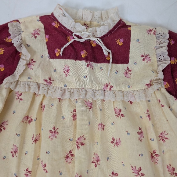 70's Apron Dress Red Cream Lace Ruffles Floral Long Sleeve - Picture 6 of 8